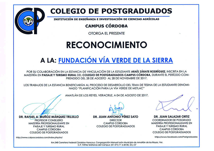 La Fundación Vía Verde de la Sierra coopera con el Colegio de Postgraduados del Campus de Córdoba, en el Estado de Veracruz (México) compartiendo su experiencia en el campo de la creación, gestión, promoción y mantenimiento de la Vía Verde de la Sierra